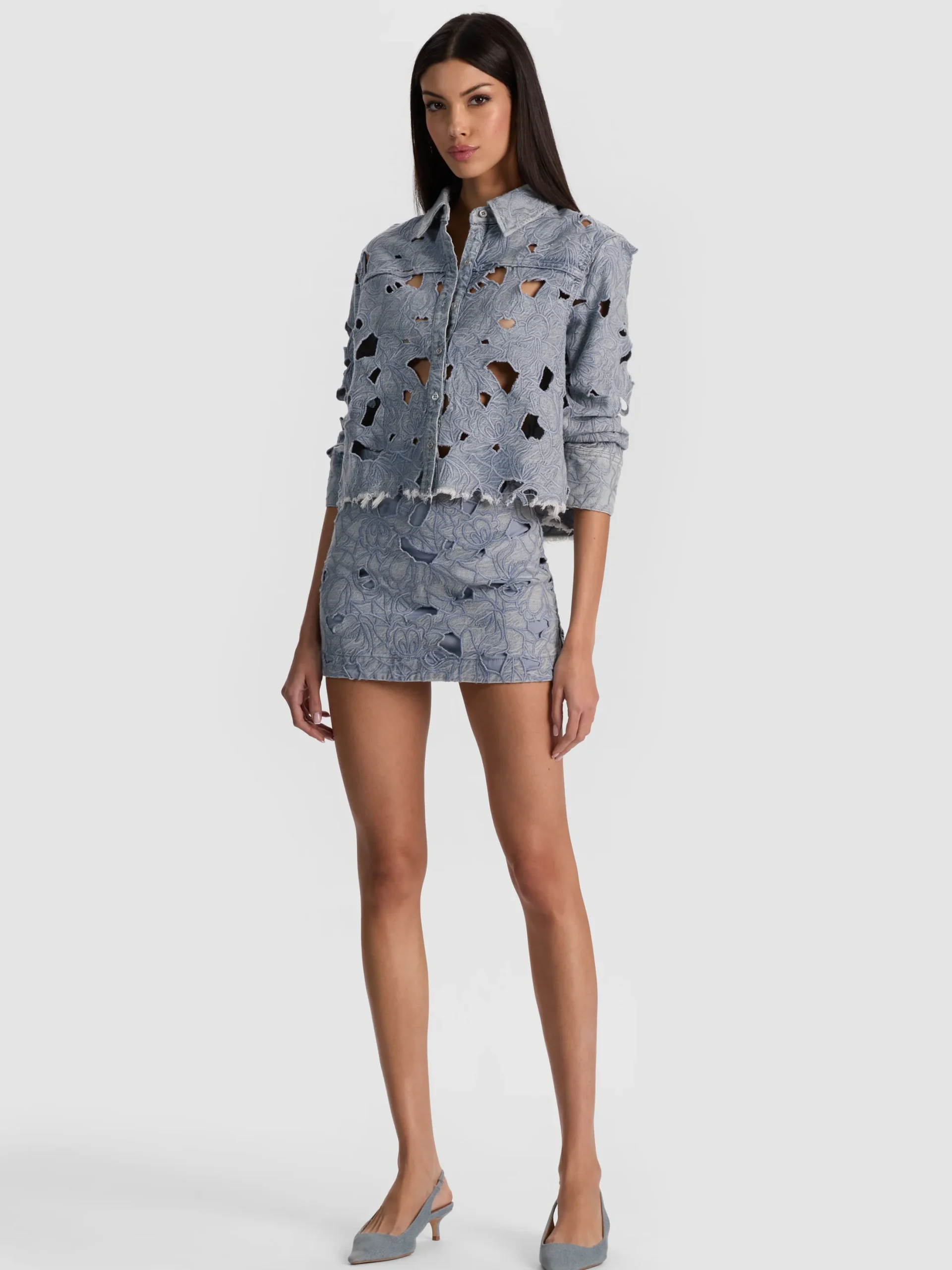 RUBI LASER-CUT DENIM SKIRT